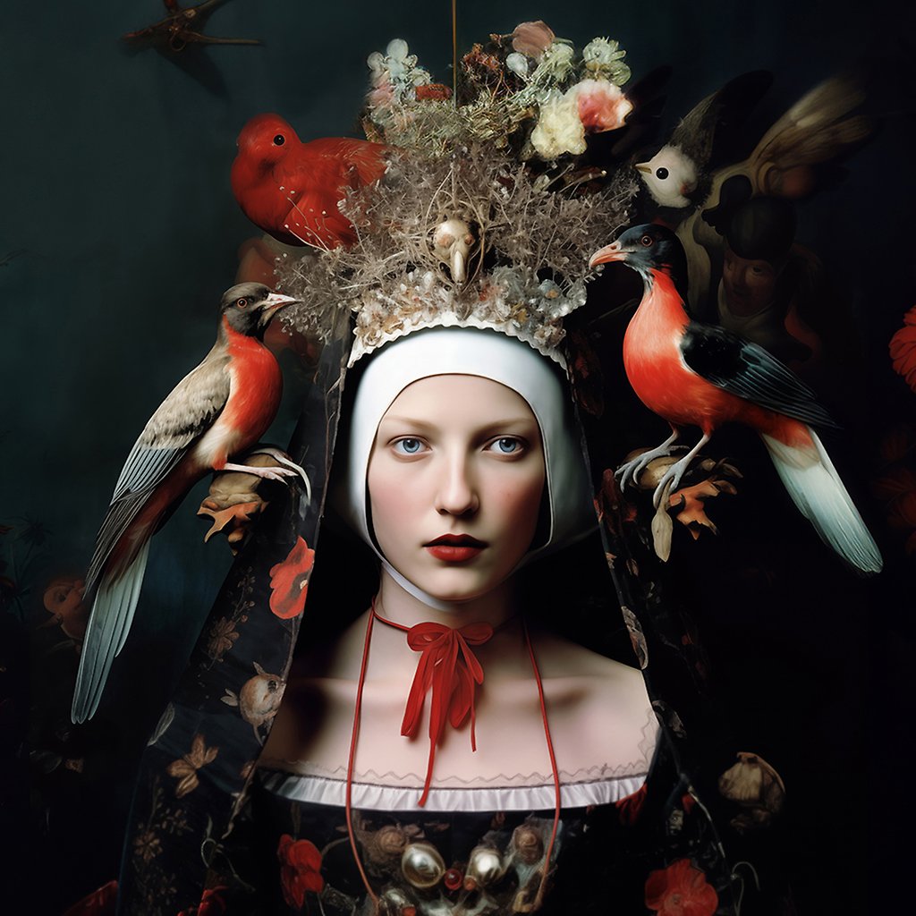 AI-bild föreställande en kvinna som har en krona av grenar och fåglar på sitt huvud.
